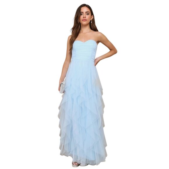 Lulus Blue Tulle Strapless Maxi Dress NWT Size Small Blue Prom Homecoming Dress - Picture 1 of 10